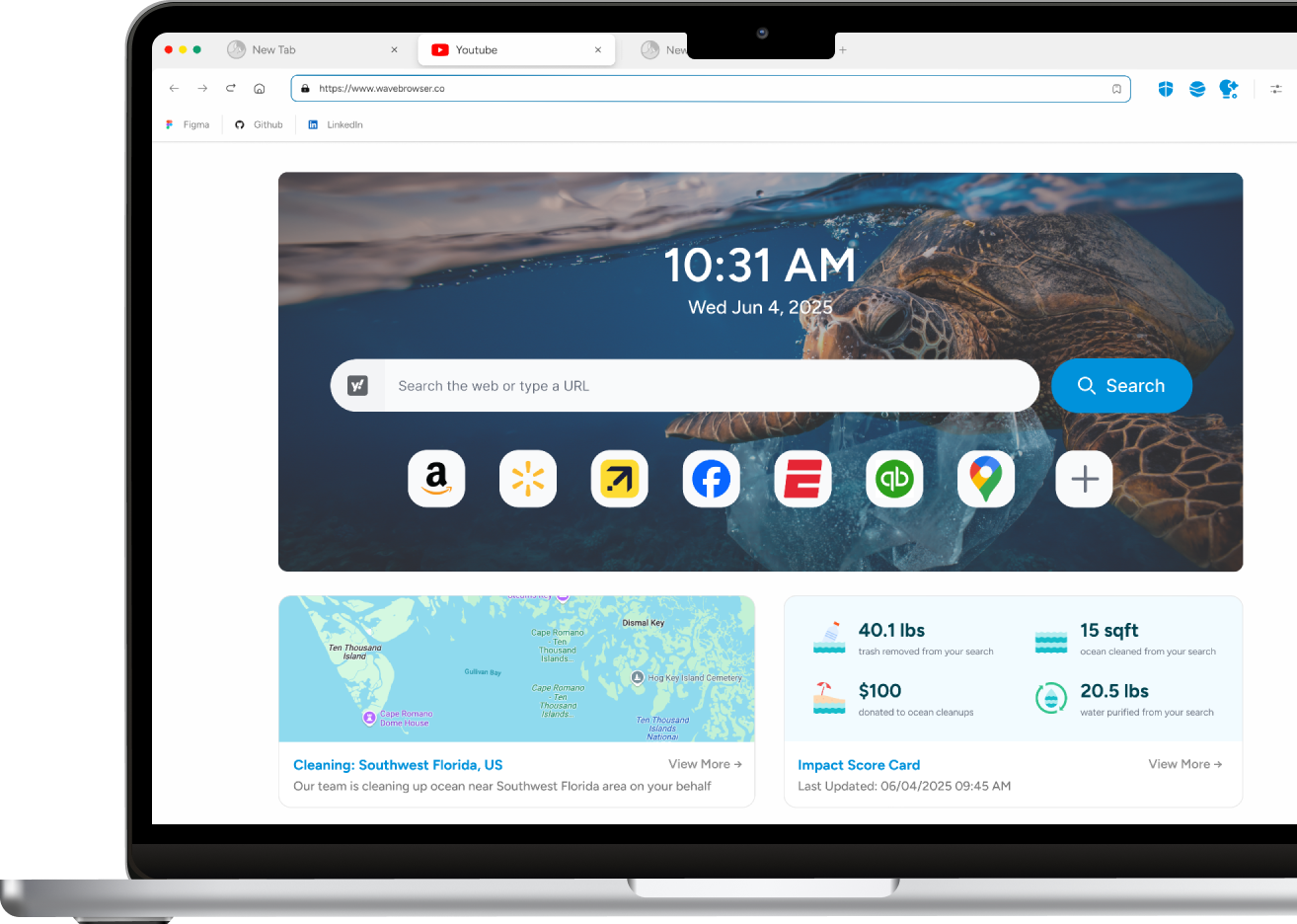 A depiction of our desktop product, with its sustainability features highlighted