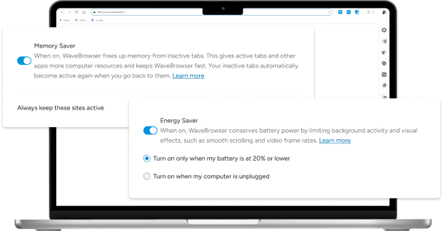 Wave Browser's optional memory and energy saving options help you save resources and reduce energy consumption