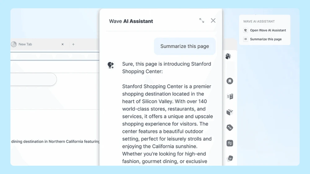 Wave Browser's AI Assistant is seamlessly integrated into your browsing experience, making it easier to complete tasks, get fast answers, and stay organized, all without the need for additional apps, extensions, or websites.