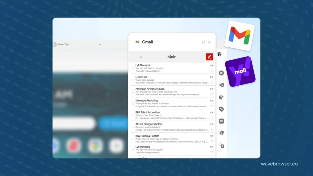 Wave Browser sidebar displaying messaging apps for convenient access while browsing.
