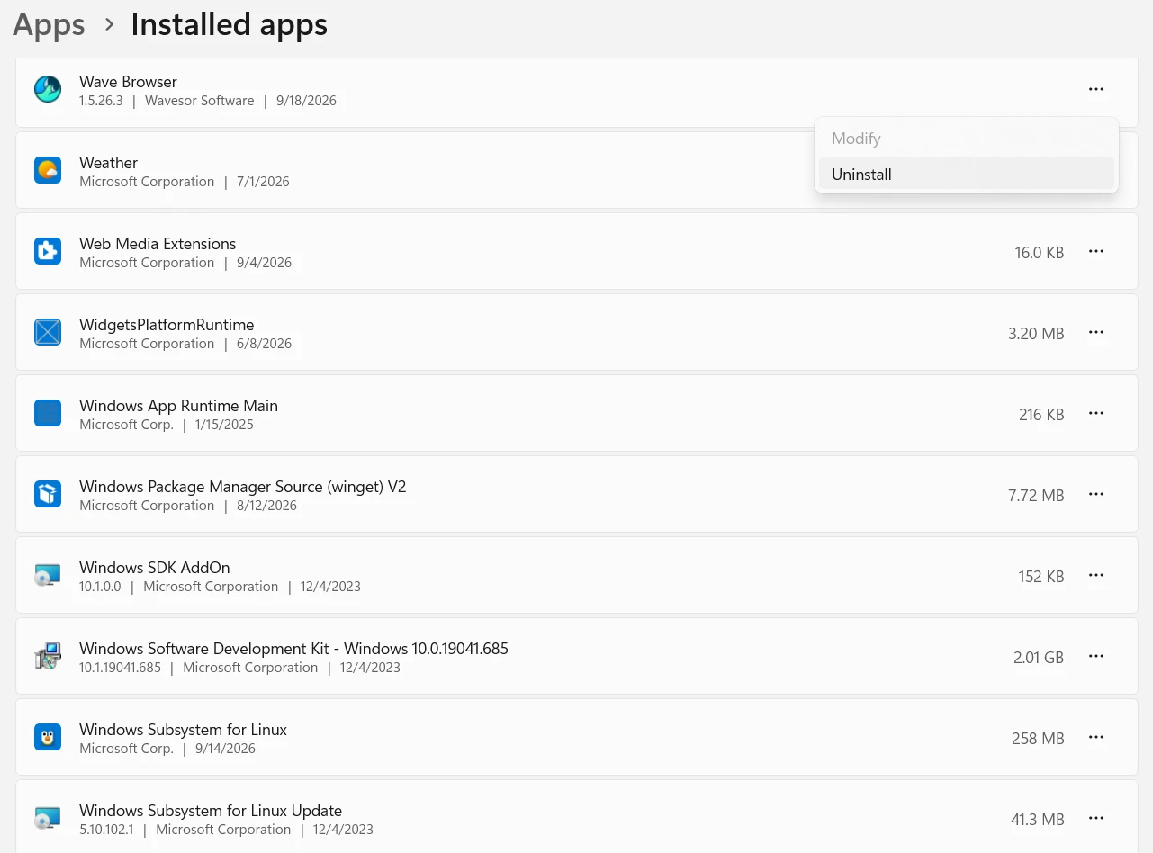 Windows uninstall, step 5