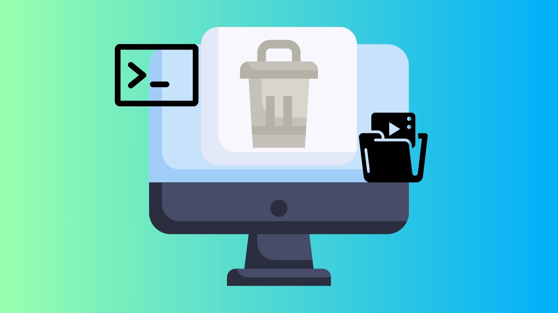 Computer with a trash icon, terminal icon, and library folder icon on it, showing how to uninstall apps on Mac with advanced methods