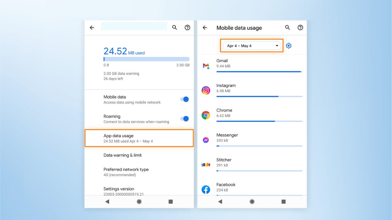 App data usage on phone settings