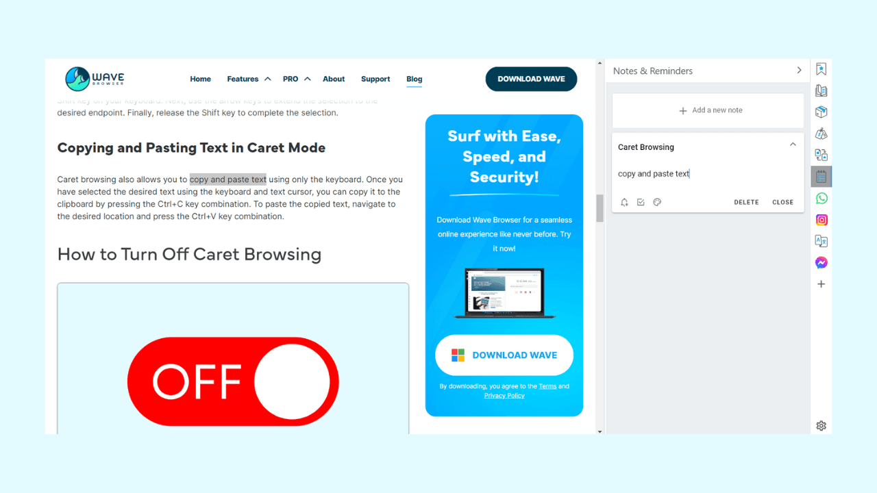how to use caret browsing copy and paste