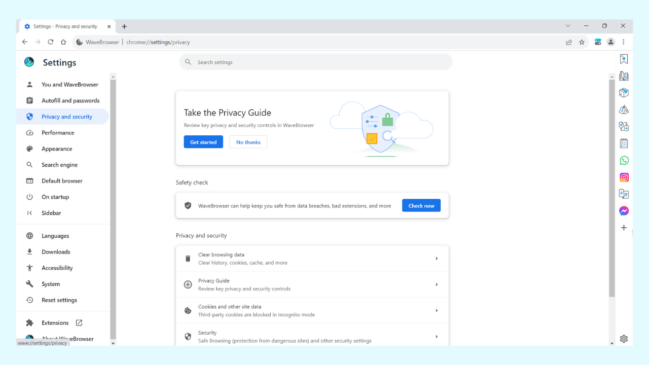 Wave Browser open settings