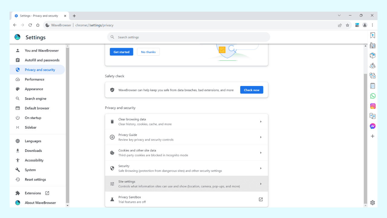 Wave Browser site settings