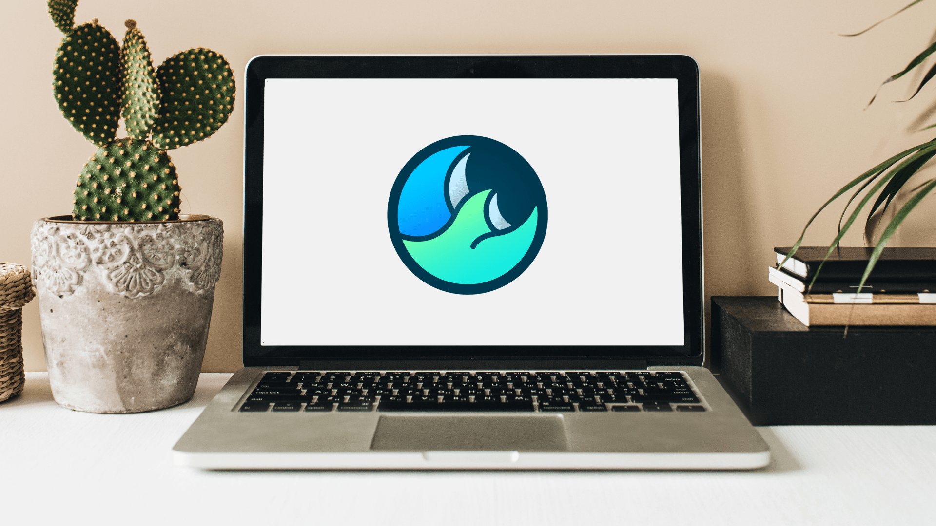 Laptop on desk with a Wave Browser logo on screen, flanked by a cactus and books, relating to the best browser for Windows 11.
