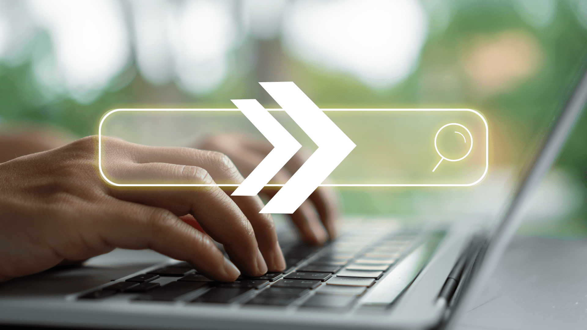 Hands typing on a laptop with a graphic of glowing fast forward arrows and a search icon overlay.
