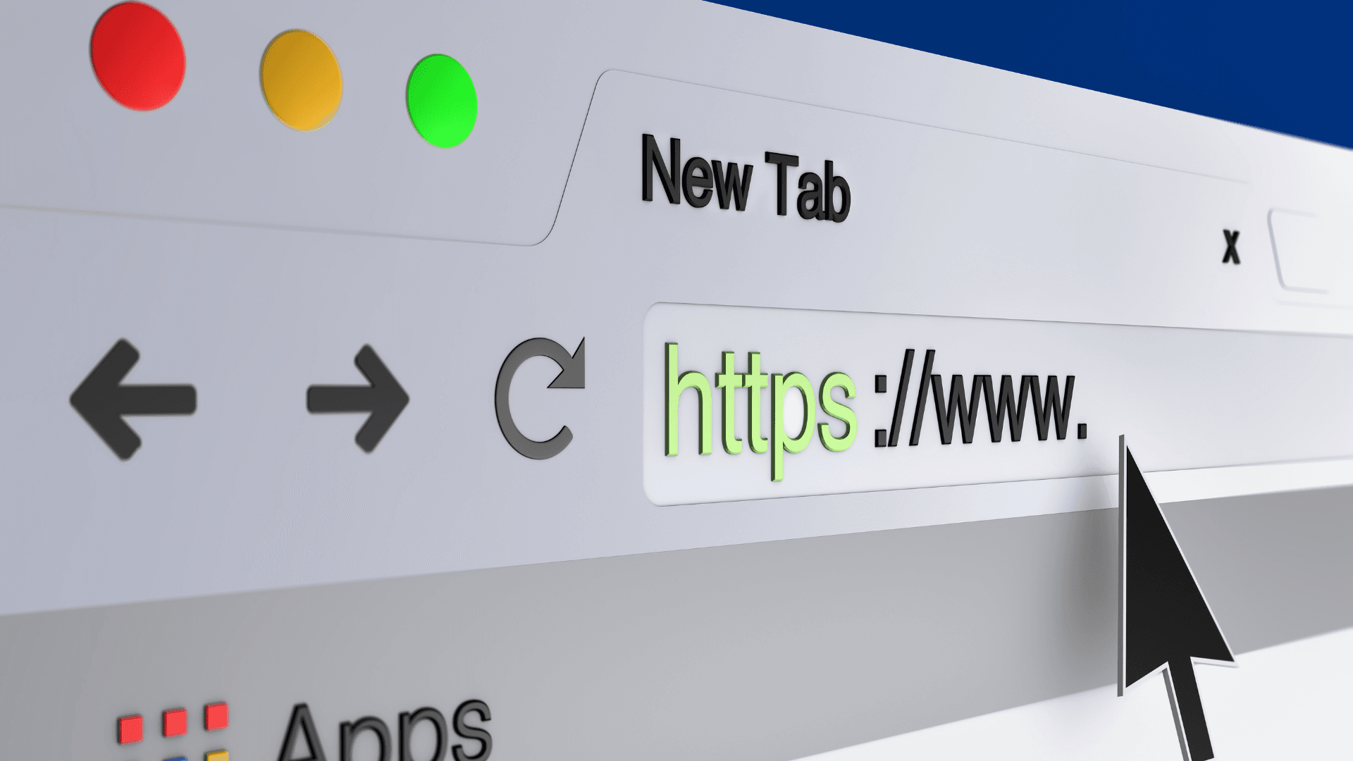 Virtual browser online interface with an 'https://www.' address, navigation buttons, and cursor.