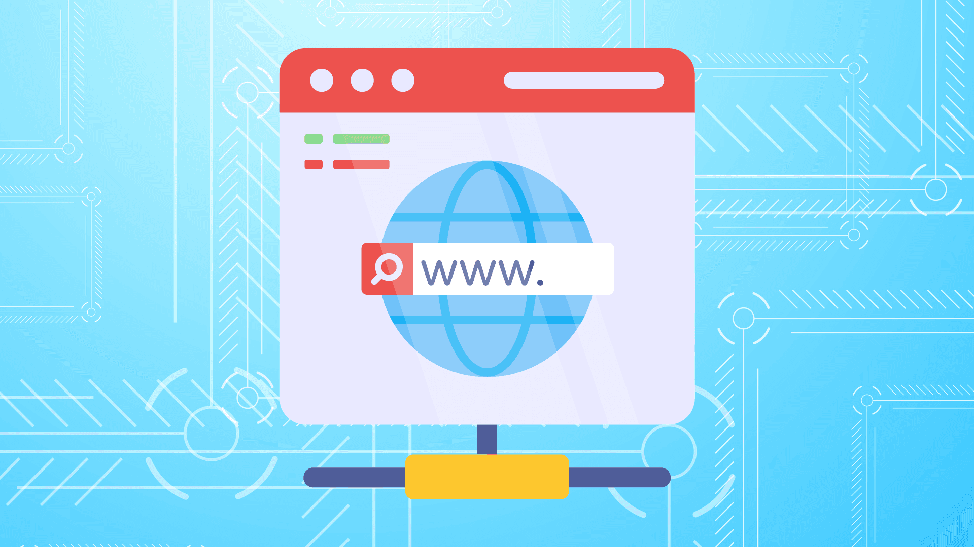 Illustration of a virtual machine online browser window with a globe and a search bar with 'www.' text.