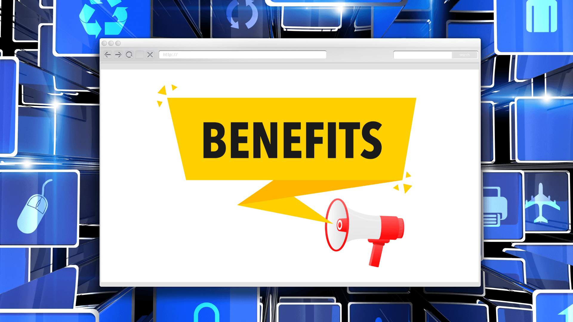 A graphic with a megaphone and a bubble saying 'BENEFITS' in front of a virtual browser online.