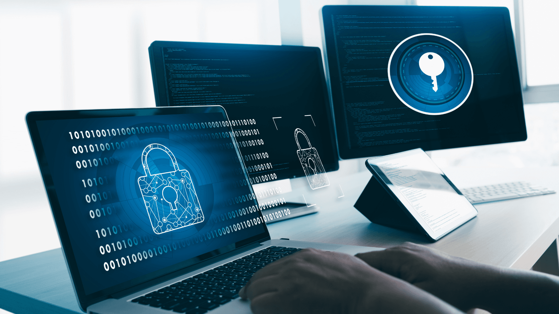 A workspace with multiple screens displaying cybersecurity and encryption graphics.