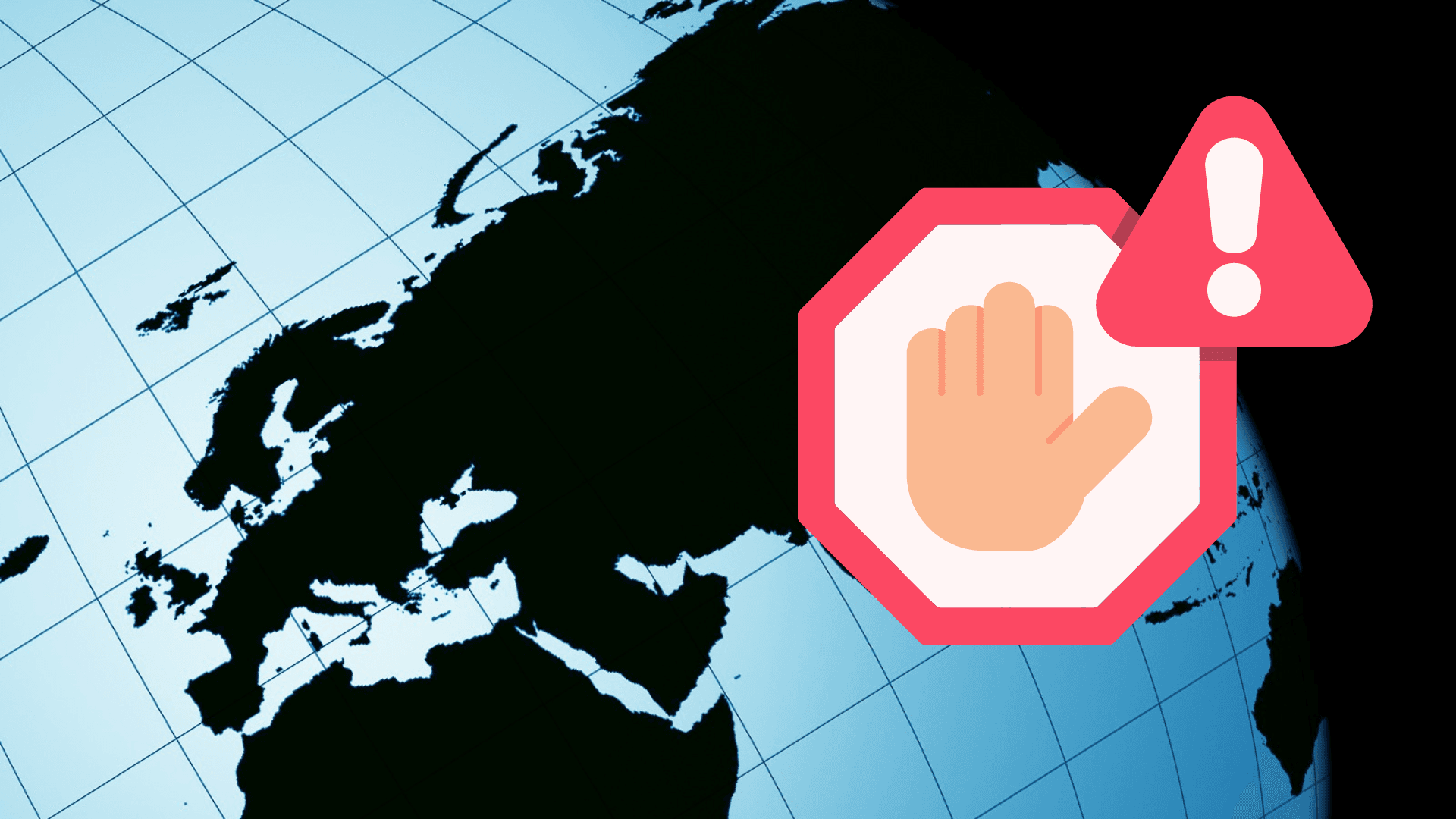 World map with stop hand symbol and exclamation mark, indicating a warning or restriction.