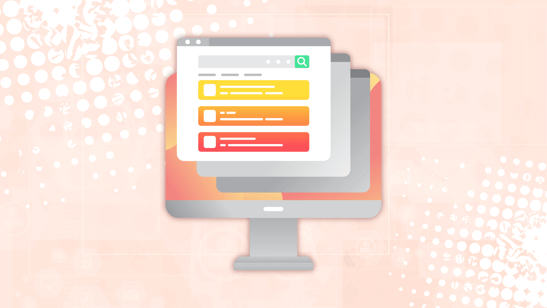 Stylized illustration of a computer monitor with search engine results on screen.