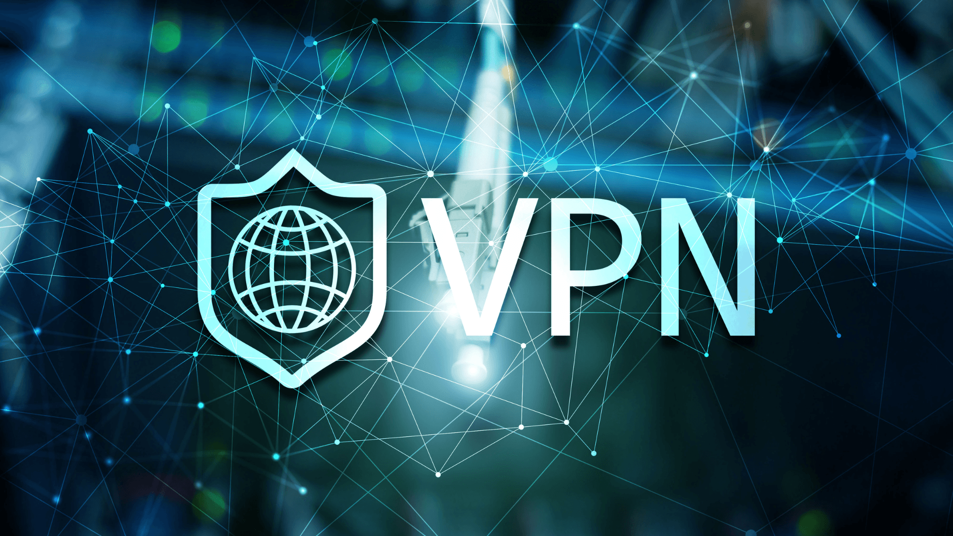Digital background with a VPN shield icon and connected network lines.