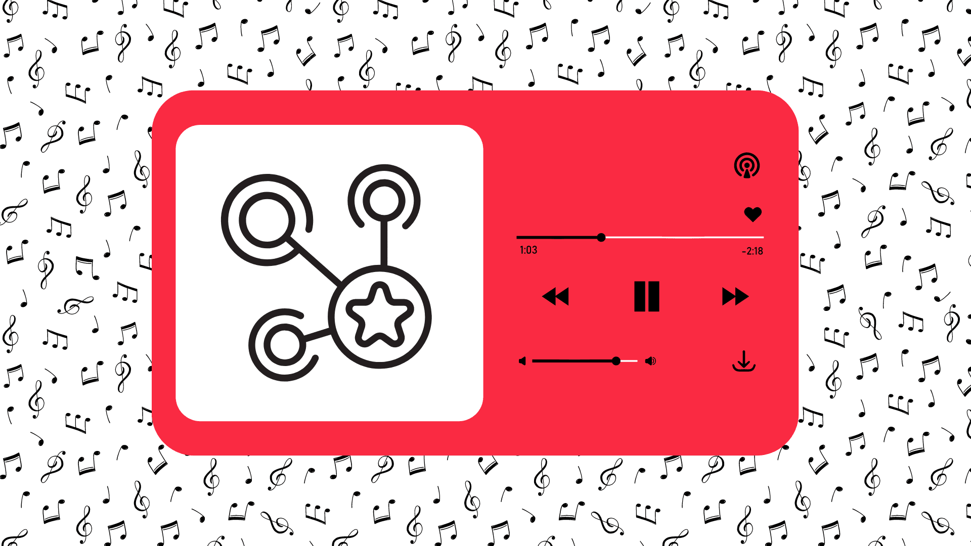 Graphic of a music player interface with playback controls on a red background, surrounded by musical notes.
