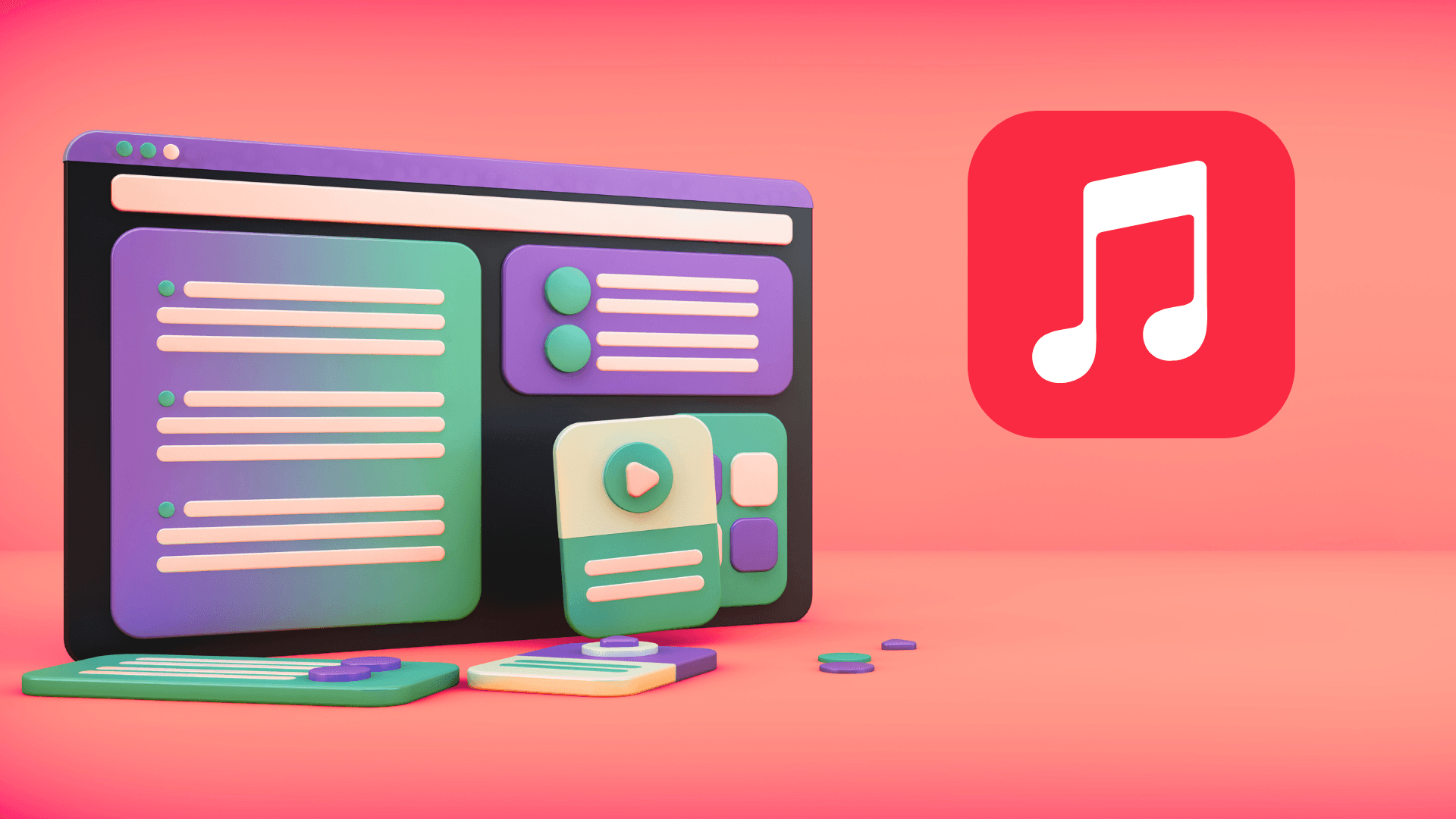 3D illustration of a stylized user interface with Apple Music web browser windows and music app icon.