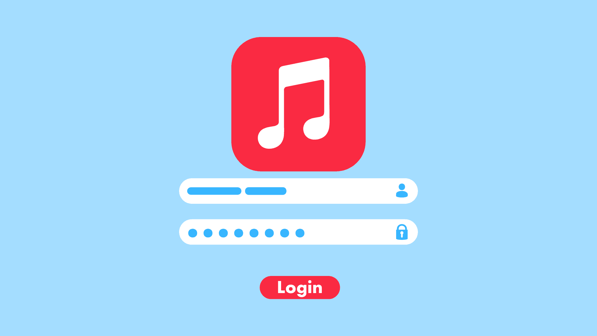 Apple Music login screen with username and password fields and a red login button.
