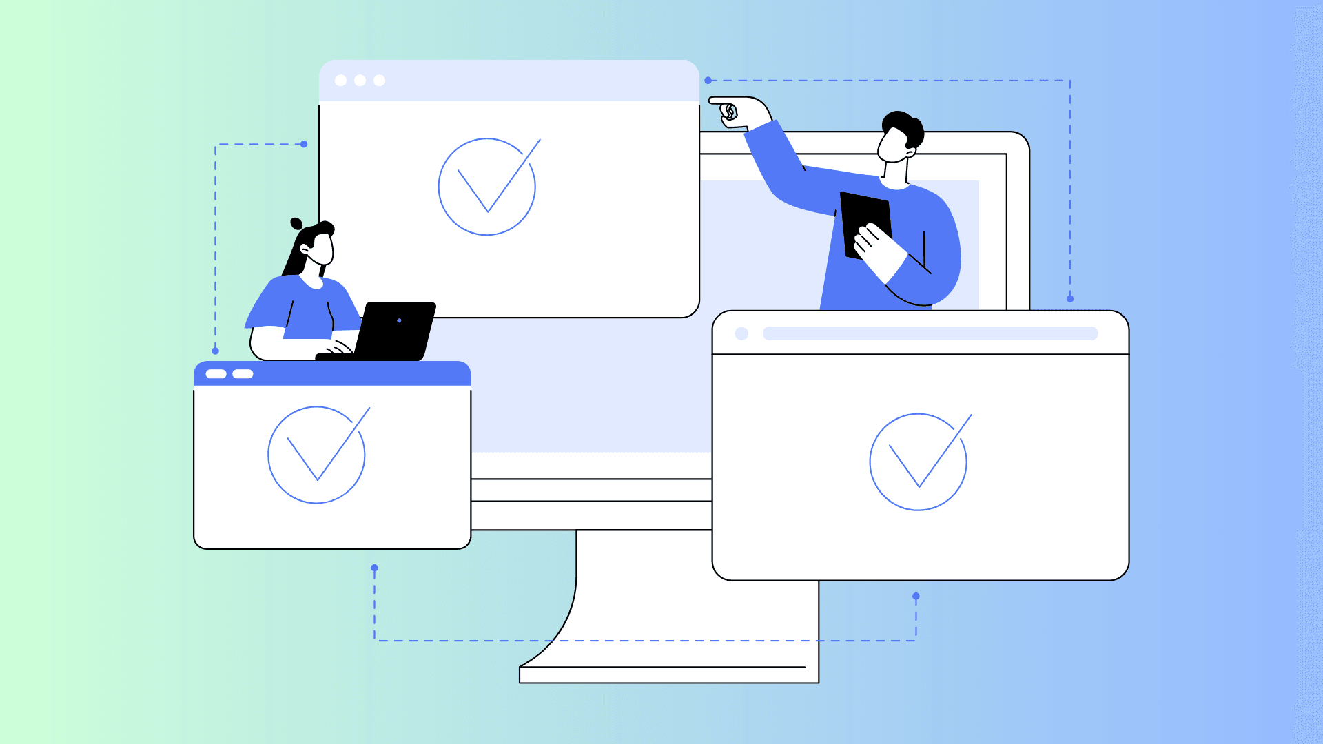 Illustration of two figures with checkmarks on screens, indicating task completion or verification.