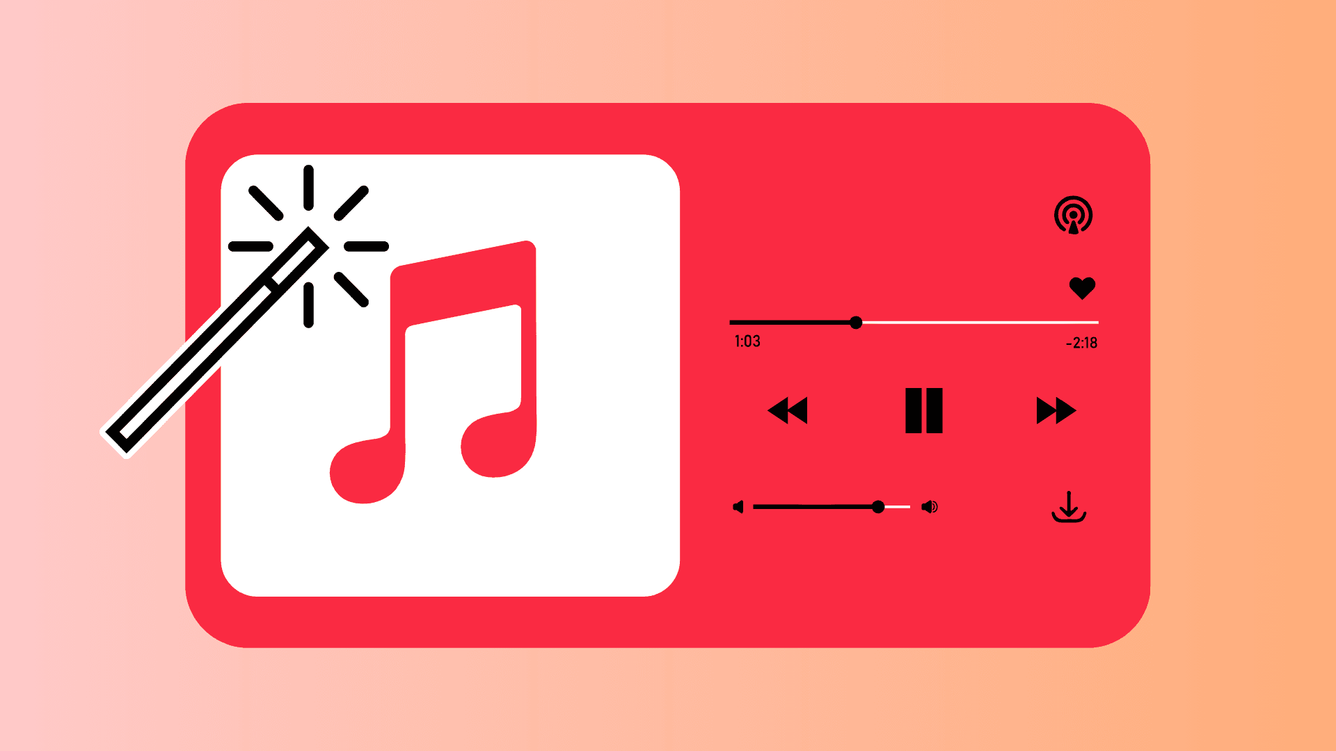Apple Music with play, pause, and other controls on a red and pink background.