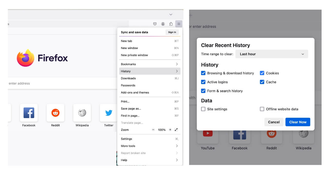 Delete browsing history Firefox screenshots
