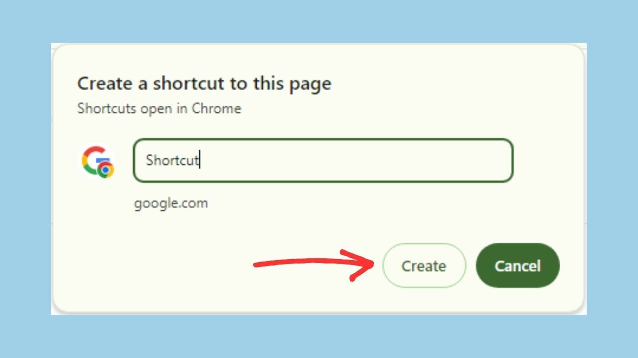 Google Chrome shortcut window with an arrow pointing at a button labeled \