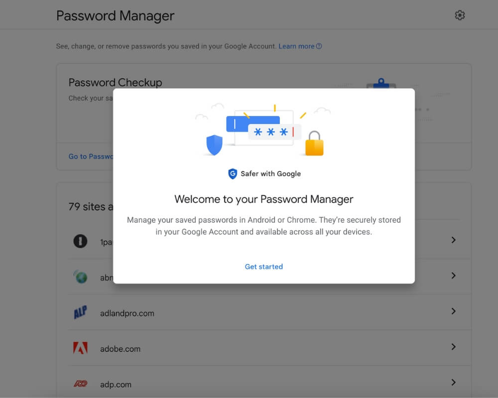 Google Passwords manager main screen view