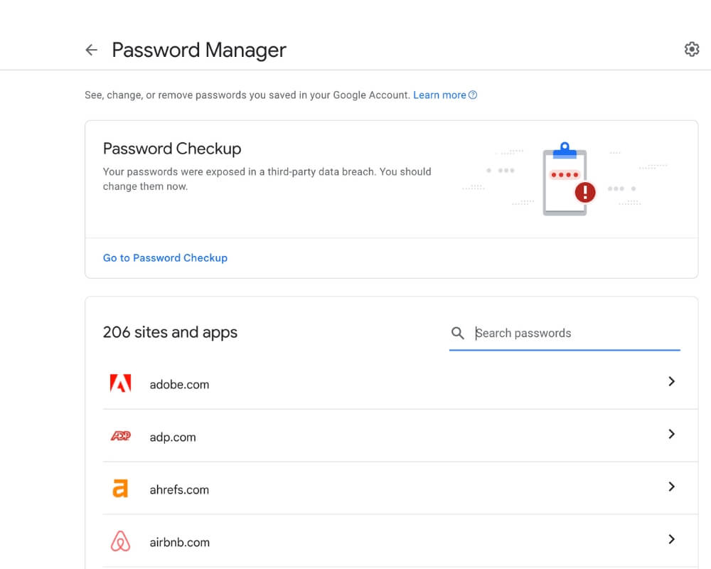 Screenshot of Google Password Manager settings