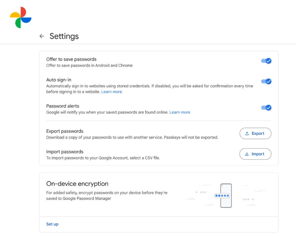 Screenshot of Google password manager settings