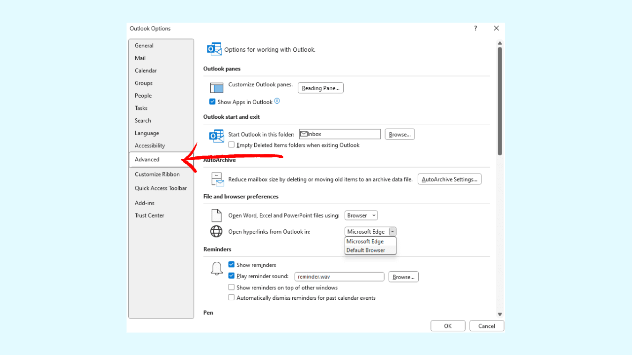Change default browser for Outlook links in settings
