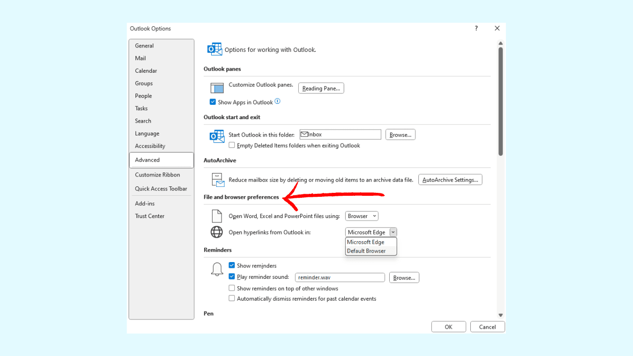Change Outlook default browser with browser settings