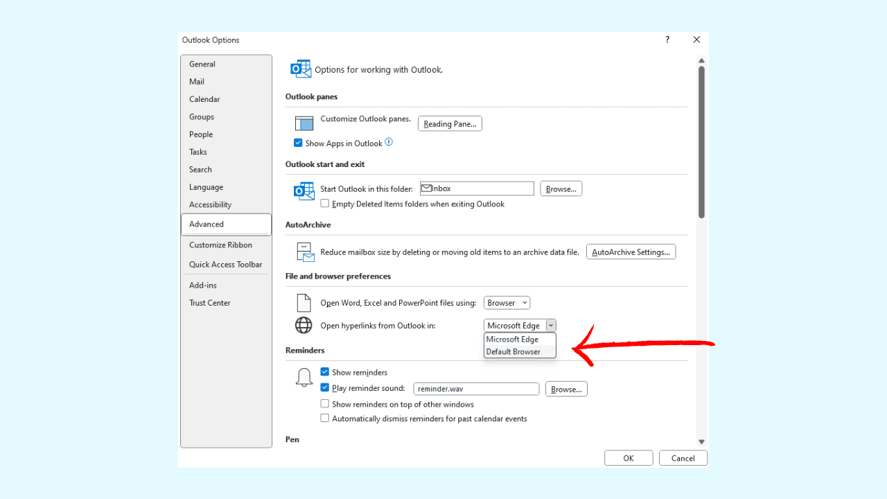 Change default browser for Outlook
