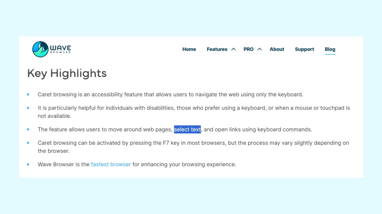 How to use caret browsing to select text