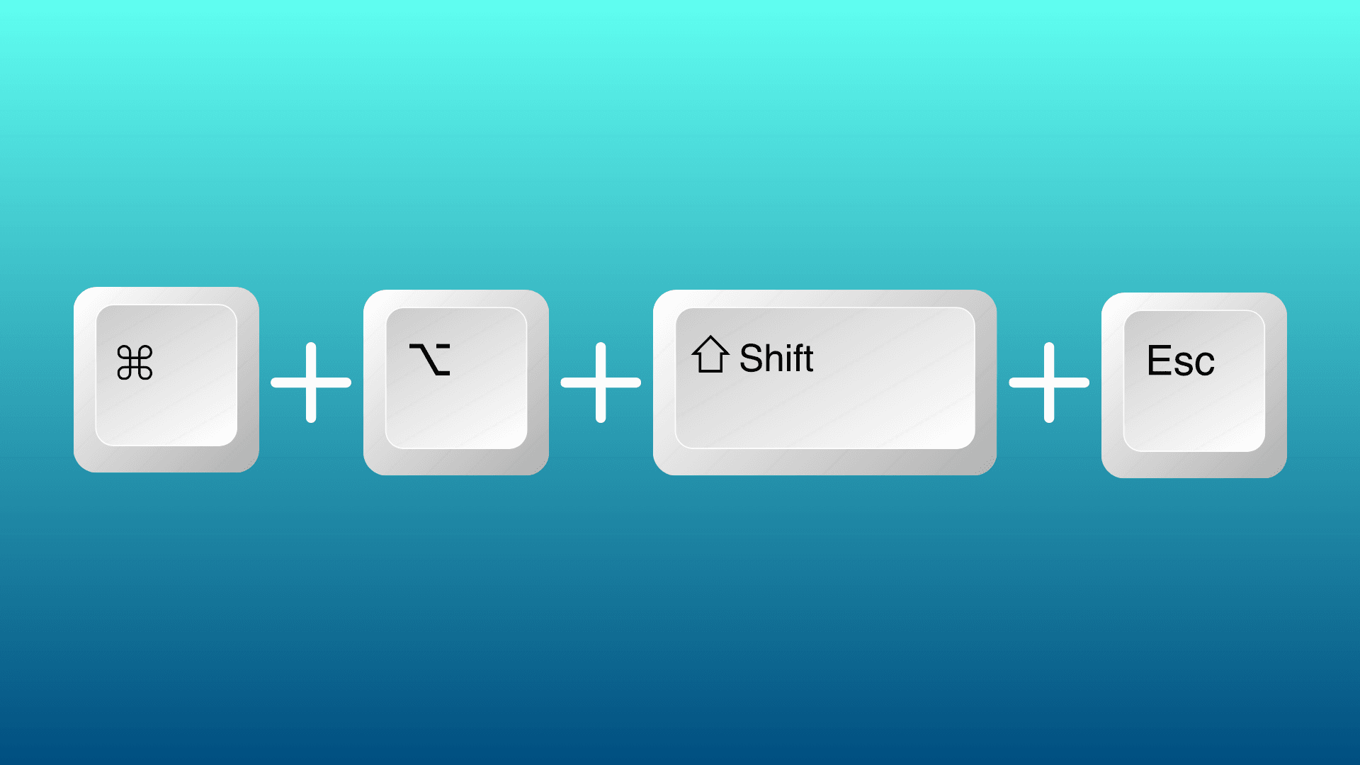 Blue gradient background with Command, Option, Shift, and Esc keys with plus signs between them, representing the Task Manager shortcut Mac