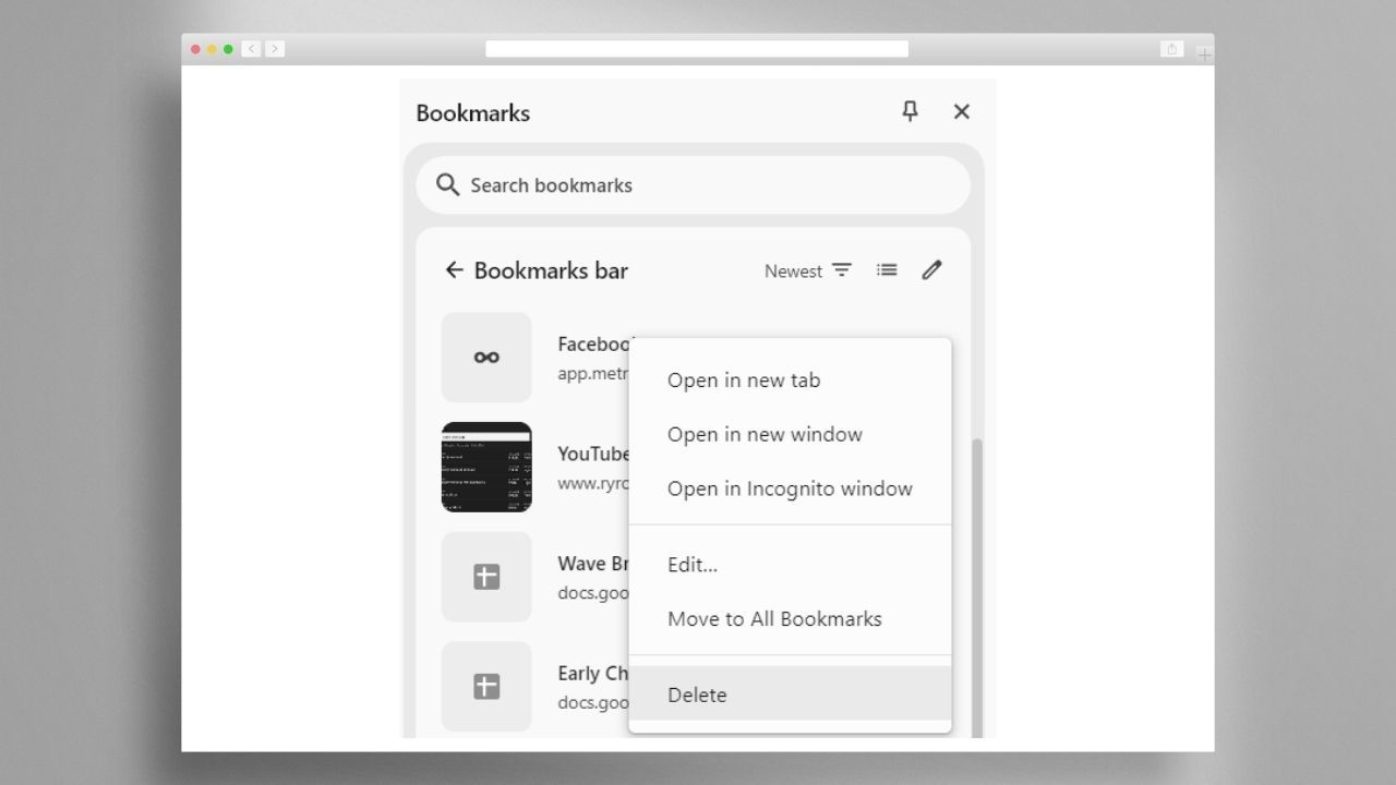 Bookmarks tab open with a delete button, representing how to delete bookmarks on Chrome
