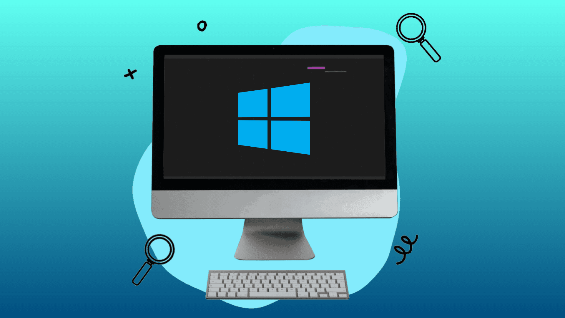 Windows icon on a computer with magnifying glasses floating around the blue background, representing other options for a Task Manager keyboard shortcut on windows