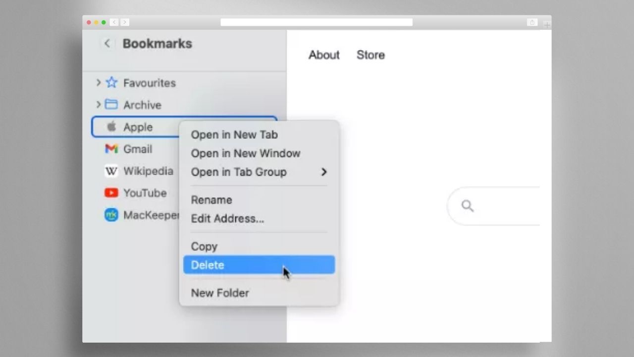 Safari bookmarks tab open with a delete button, representing how to delete bookmarks on Safari
