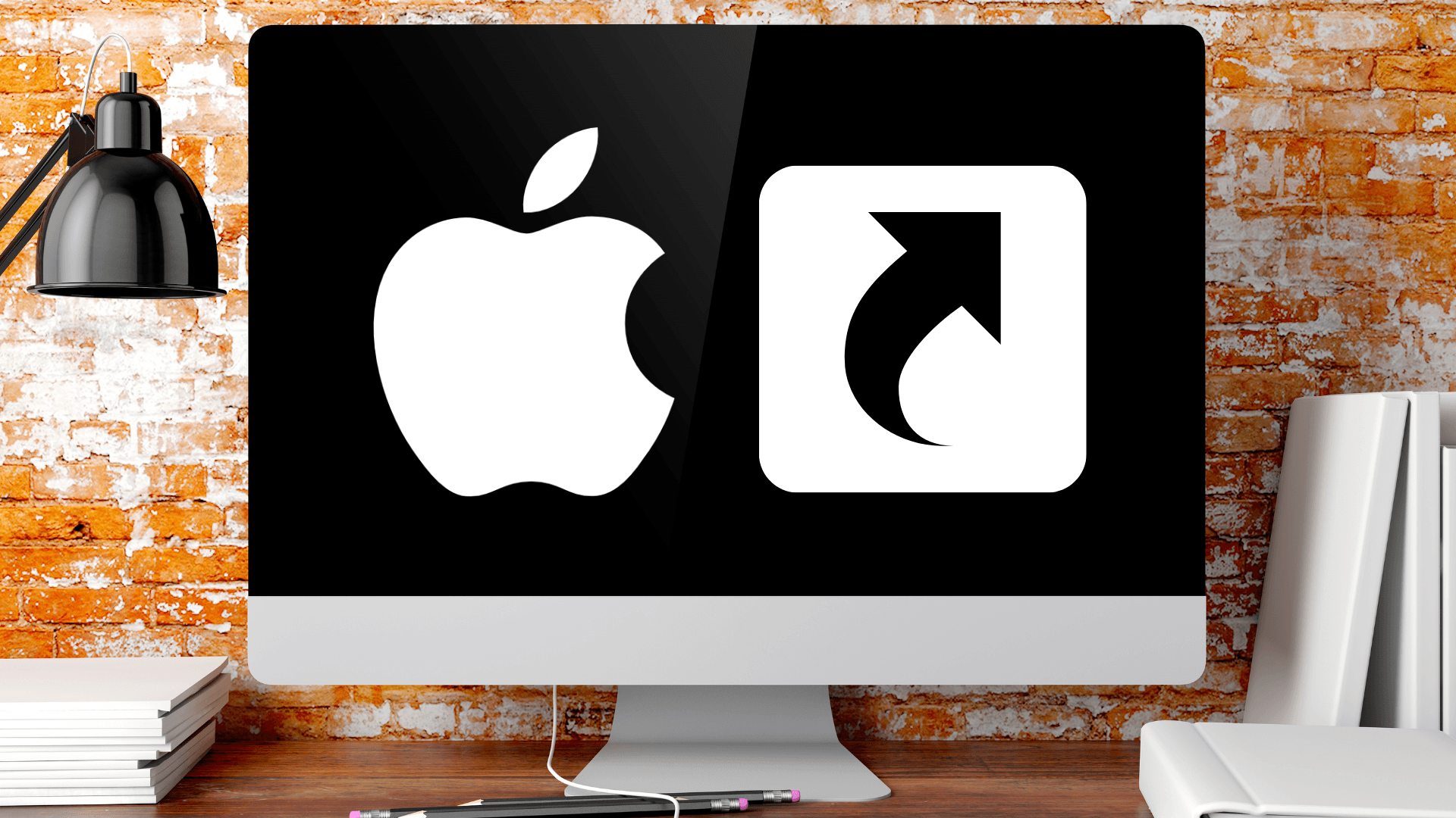 Computer with the Apple logo and a shortcut icon, representing the Mac Task Manager shortcut