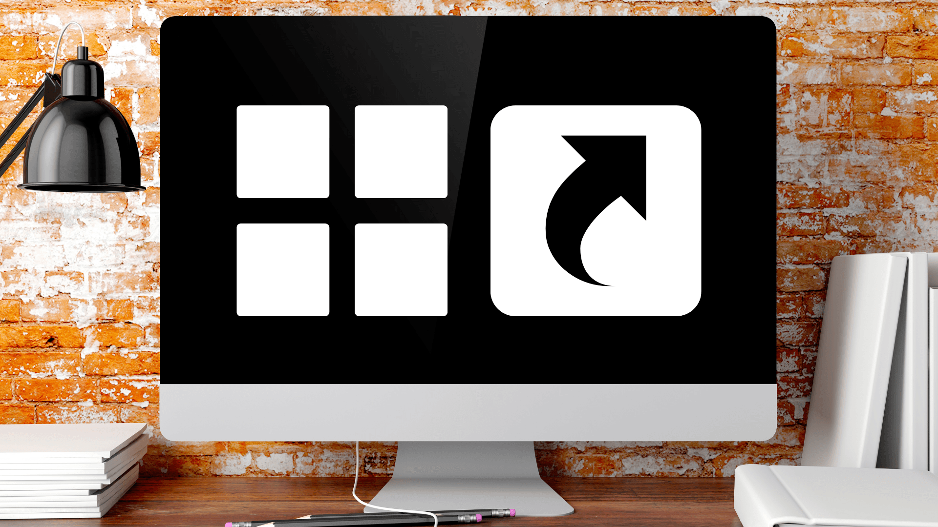 Computer with the Windows logo and a shortcut icon, representing the shortcut for Task Manager on Windows