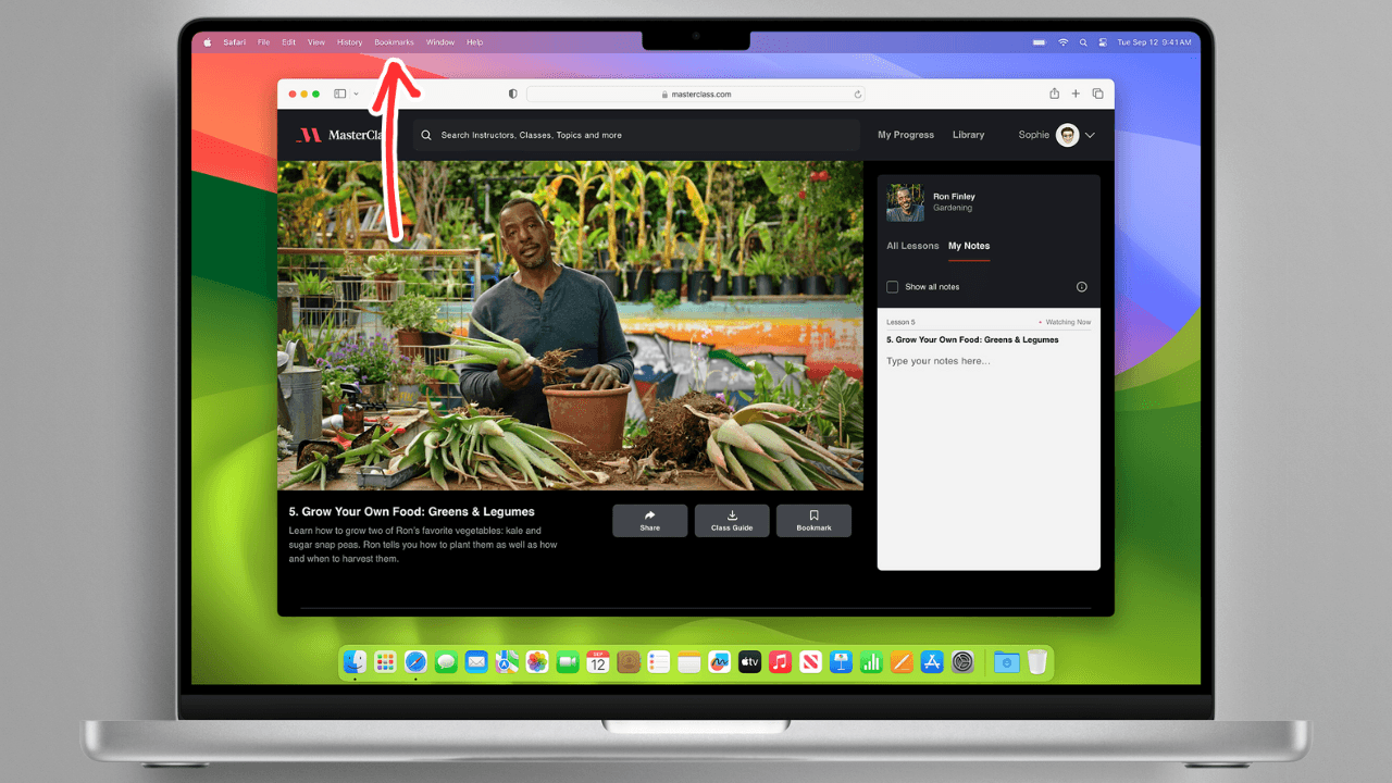 Safari browser open with an arrow pointing at the bookmarks tab, representing how to delete bookmarks on Mac