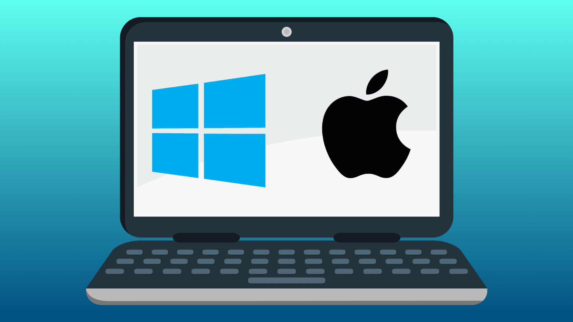 A computer with the Mac and WIndows logo on it, representing the full screen keyboard shortcut on different operating systems