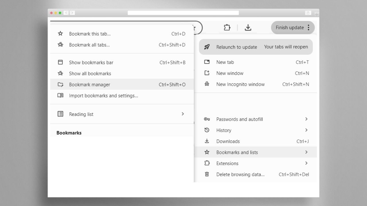 Bookmarks manager window open, representing how to delete bookmarks on Chrome