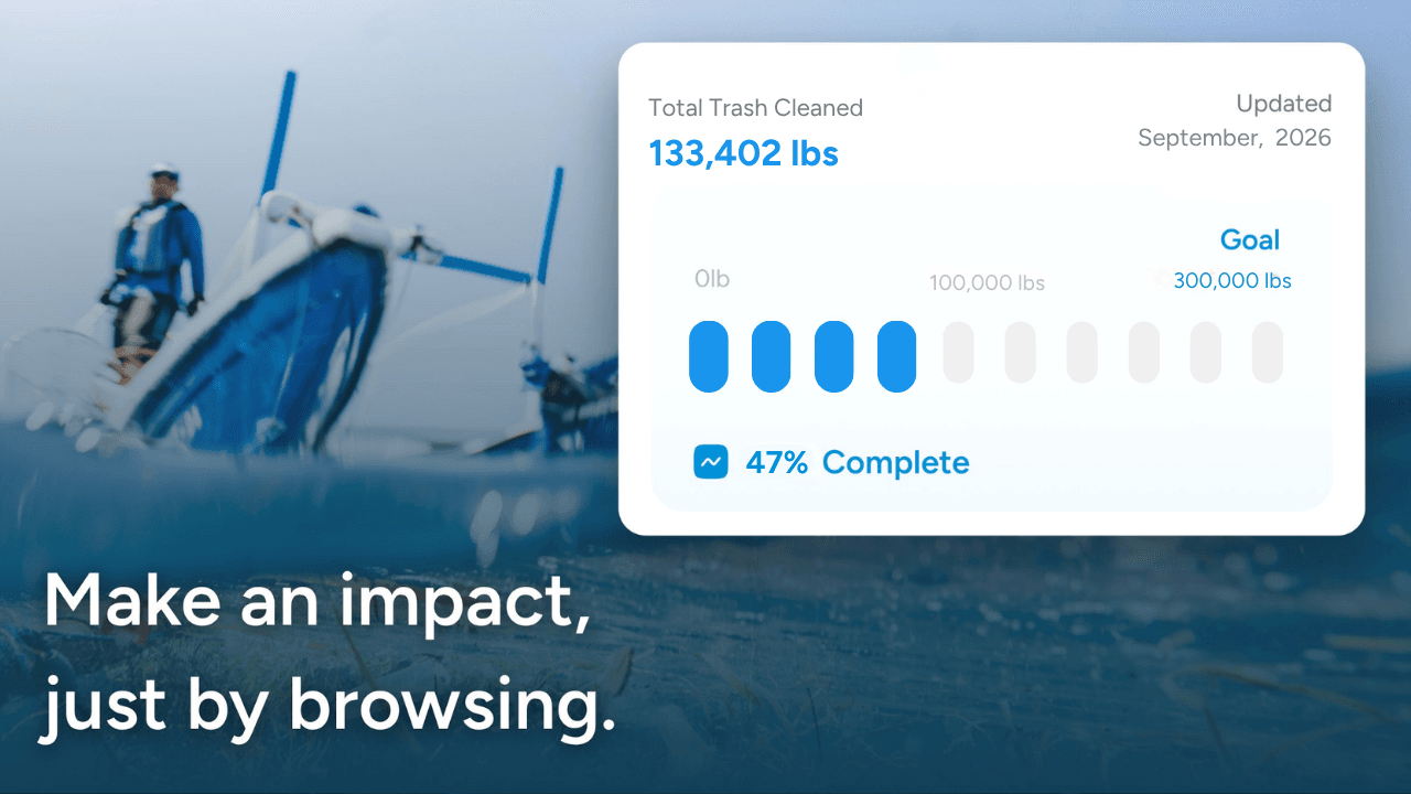 Wave Browser Live Impact Tracker showing the total pounds of plastic and trash removed from oceans, rivers, and coastlines through its partnership with 4ocean.
