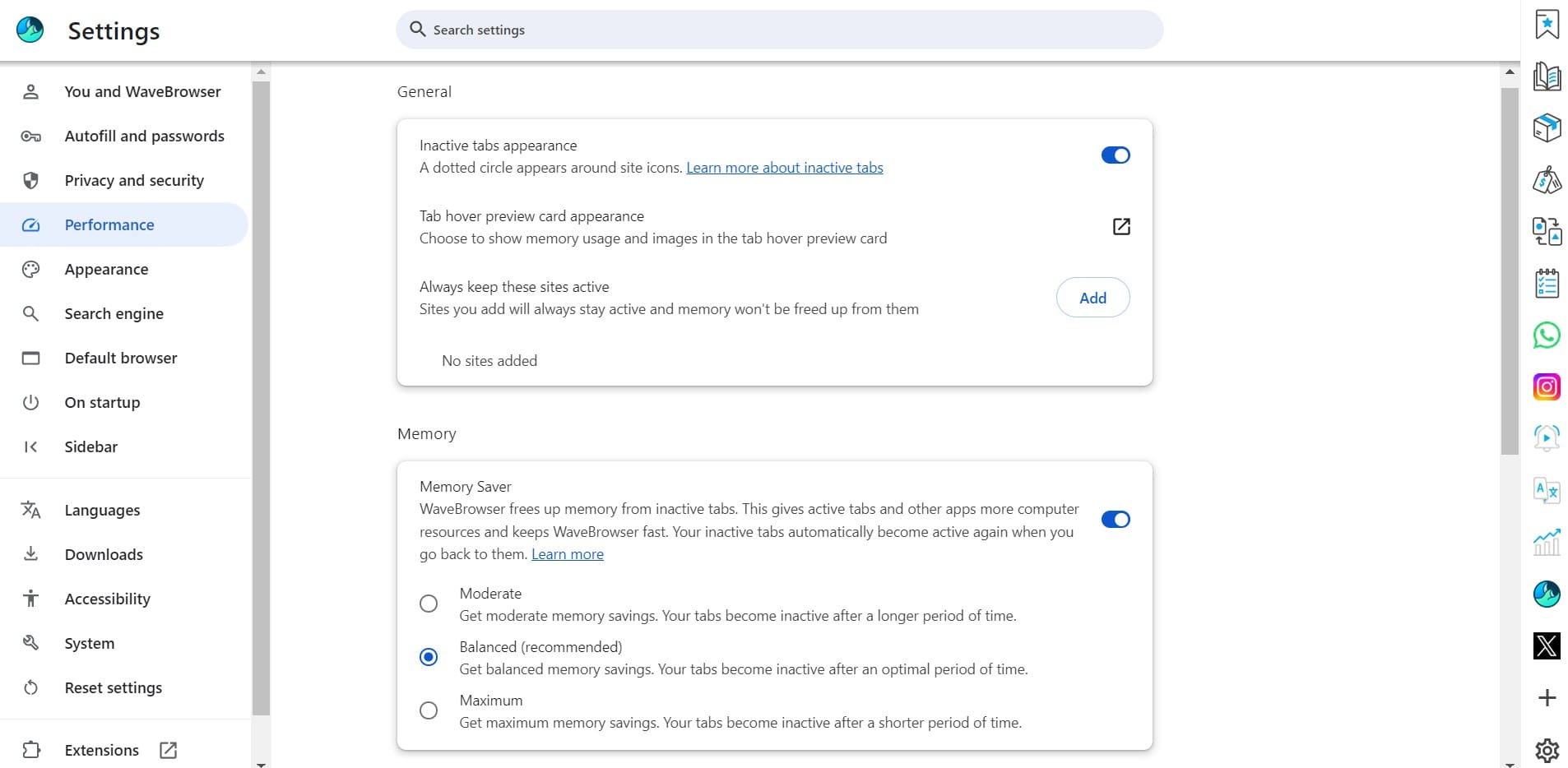 Wave Browser's Memory Saver feature