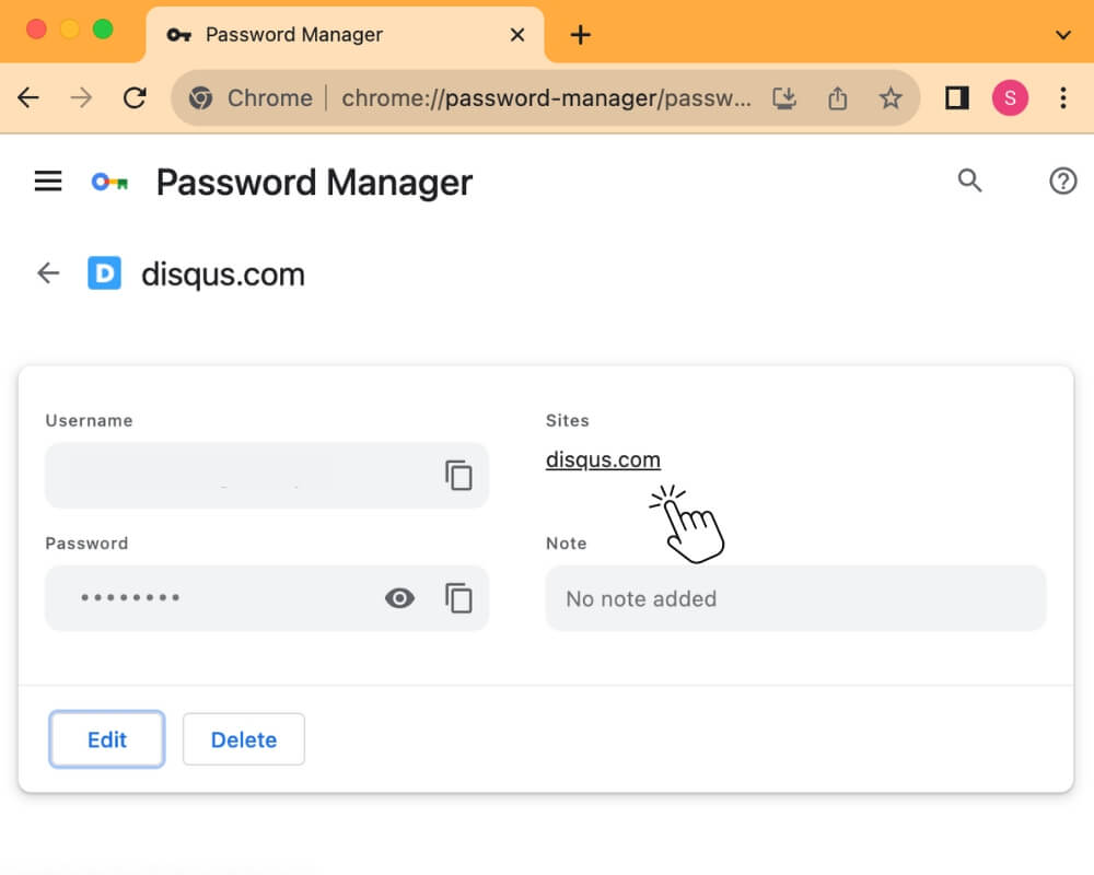 Check website address screenshot Google Password Manager