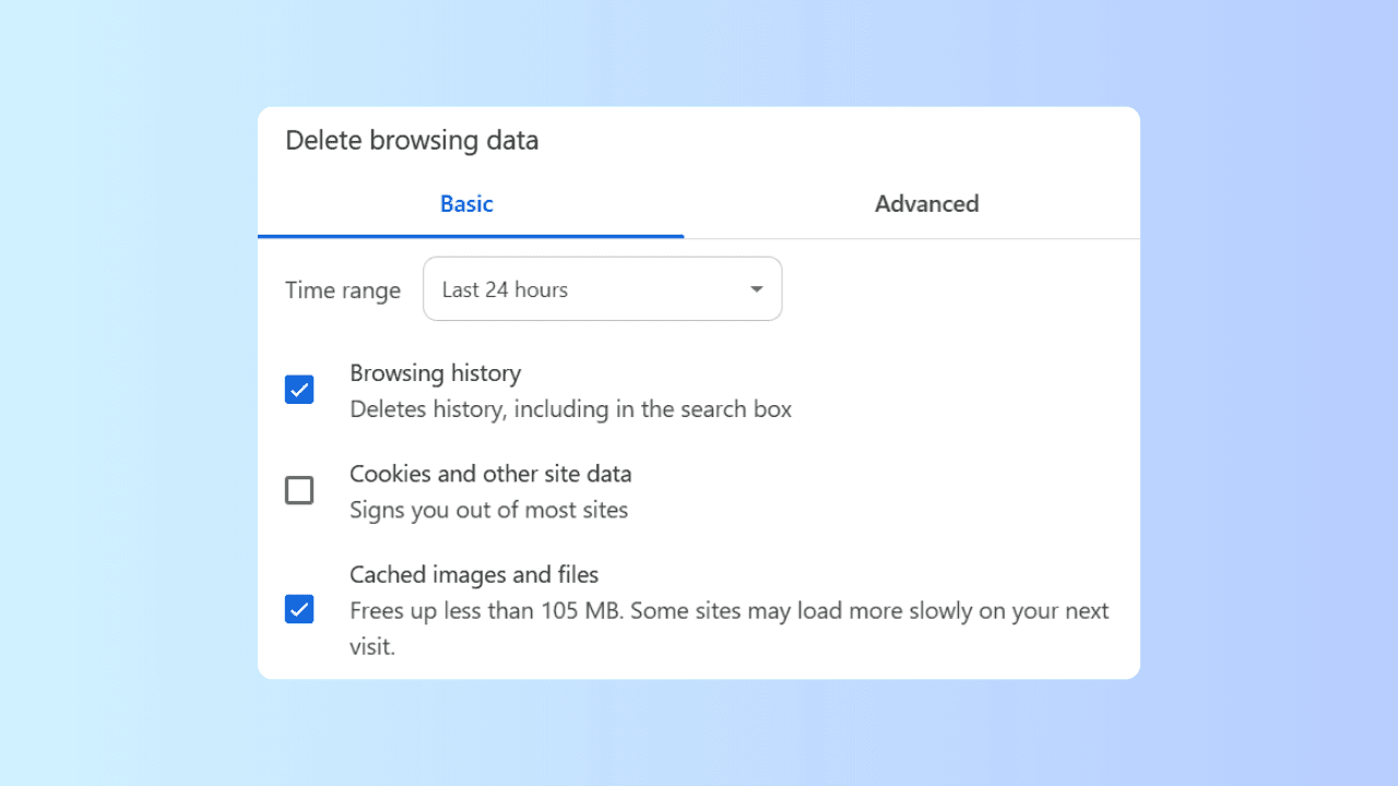 clear cache and cookies on browser