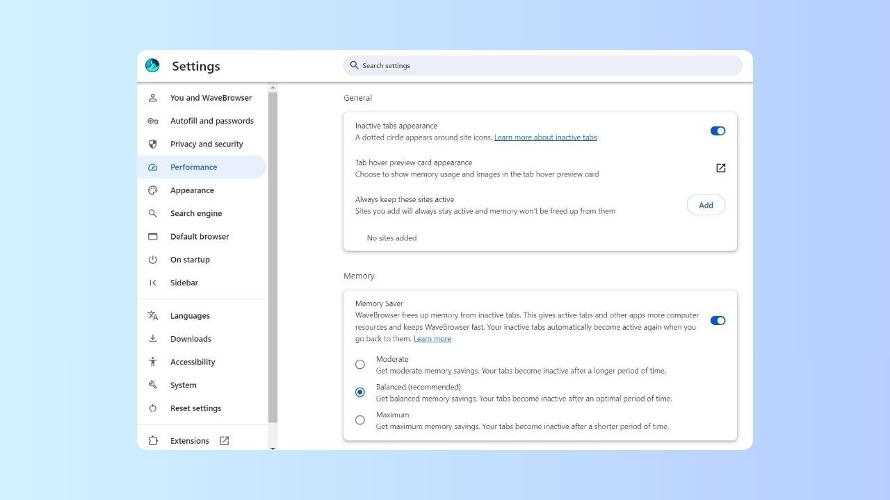 wave browser memory saver mode