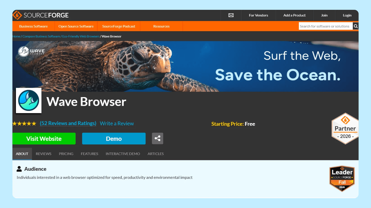 Wave Browser user reviews on SourceForge, featuring ratings and feedback on browsing features and ease of use.