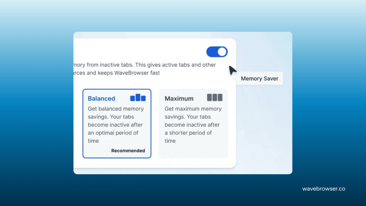 Wave Browser’s Memory Saver feature pauses inactive tabs to reduce memory use and reloads them when you return.