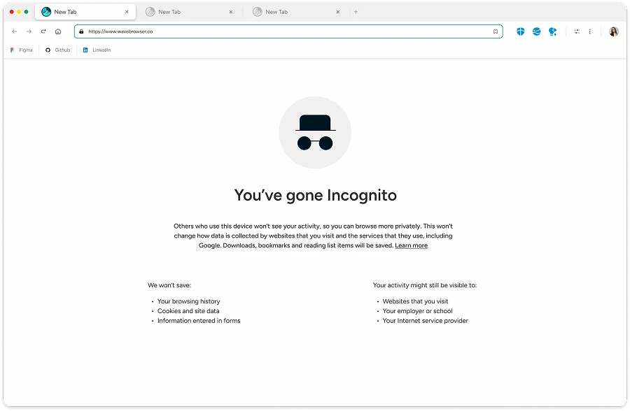 Wave Browser private search interface with incognito mode active